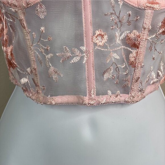 Romwe Womens Coquette Babydoll Corset Top NWOT Small Pink Sheer Going Out Floral - Picture 6 of 9